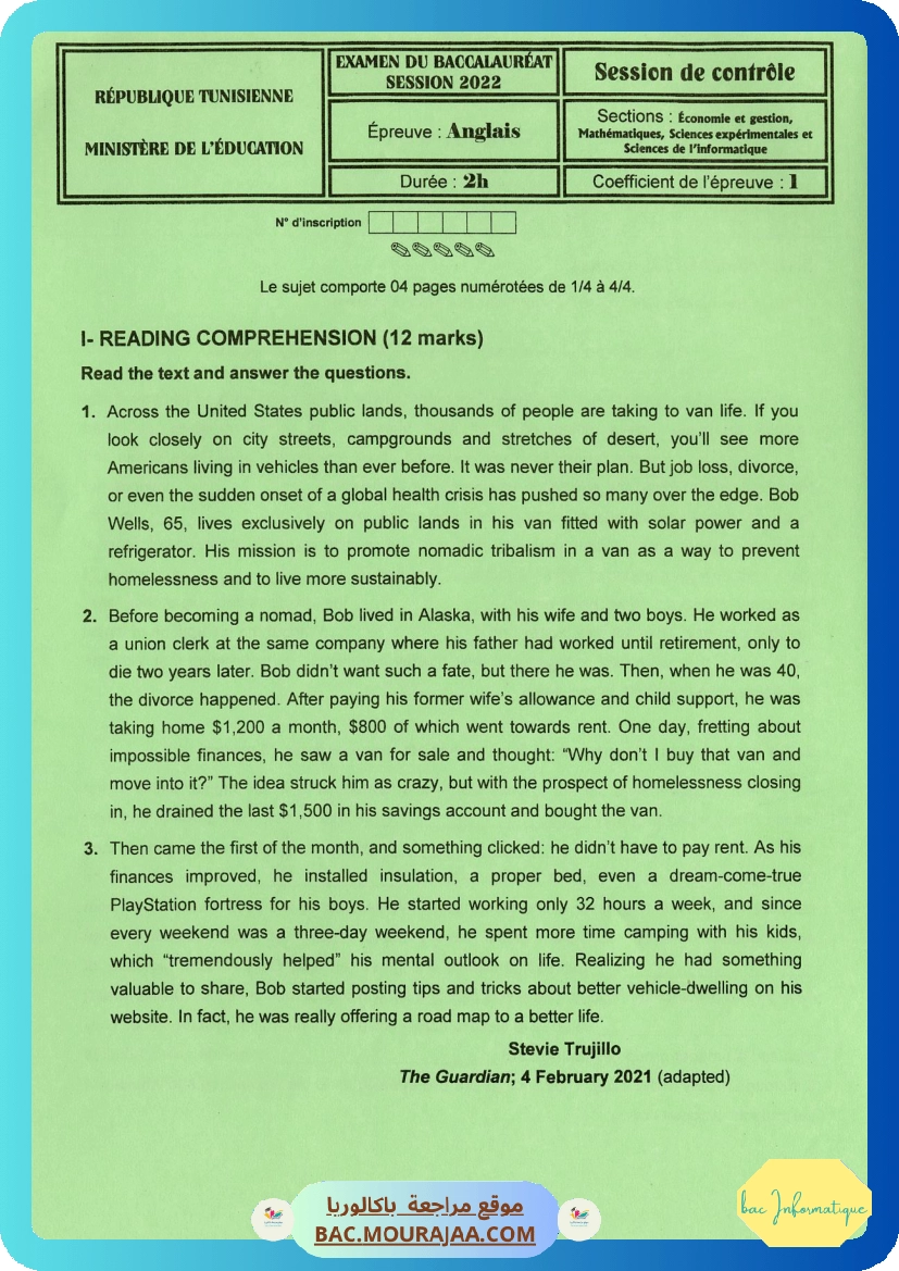 Sujet controle anglais Bac 2022 – Section info